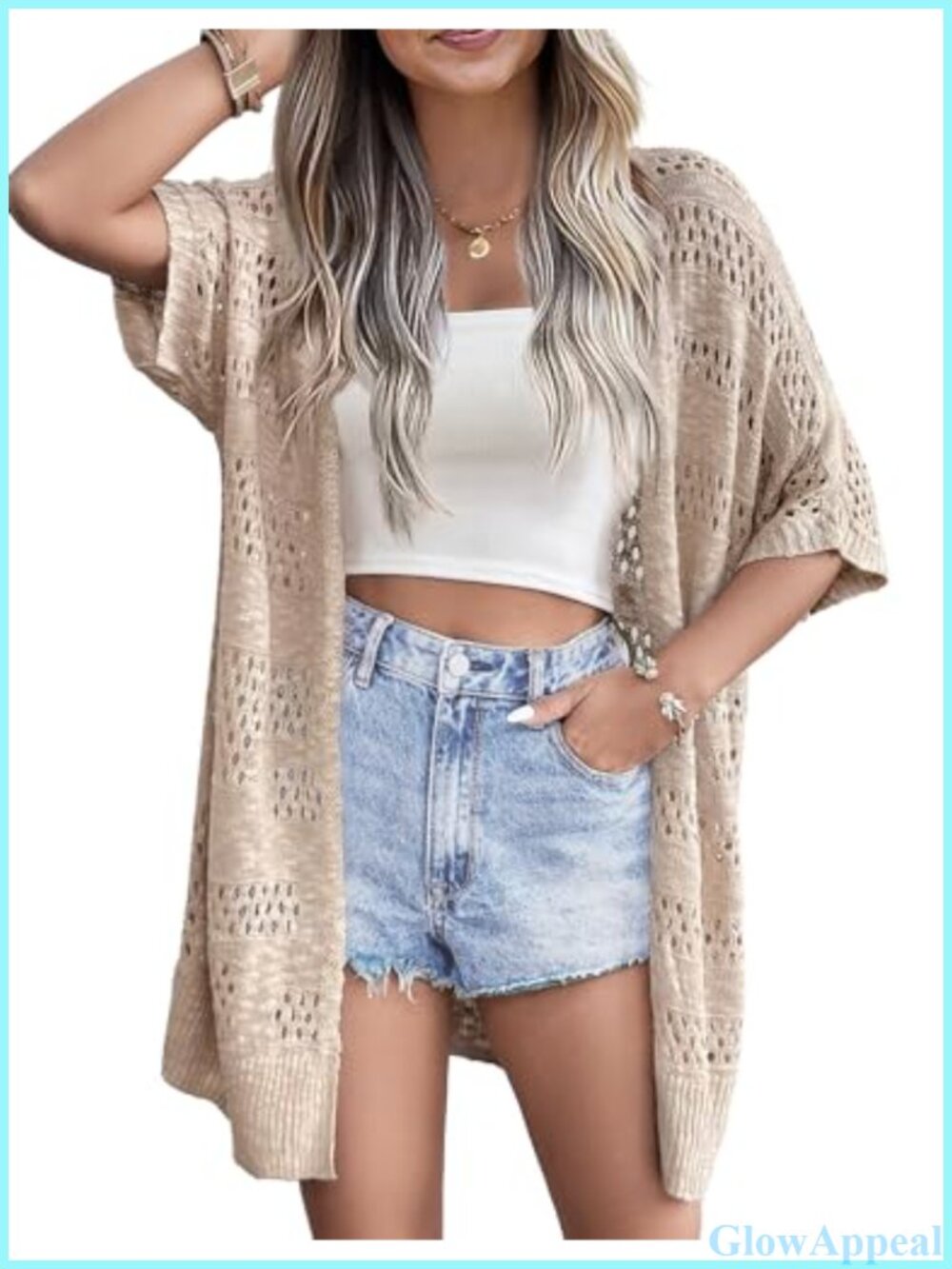 Zeagoo Crochet Knit Open Front Batwing Short Sleeve Cardigan Coverup
